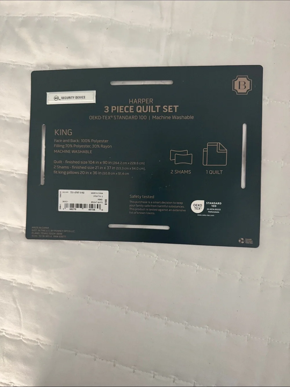 Quilted White King Quilt Set - NWT